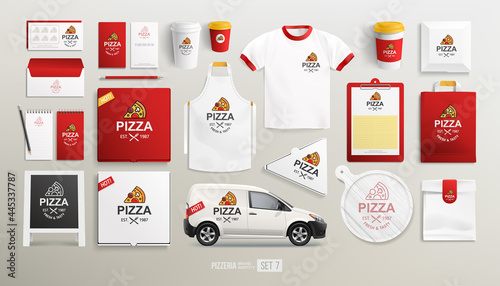 Vector set of Pizza Restaurant Brand identity package  and mockups with Pizza flat line logo. White and Red design set of Pizza logo, delivery box, uniform, paper food package. Pizzeria Shop identity