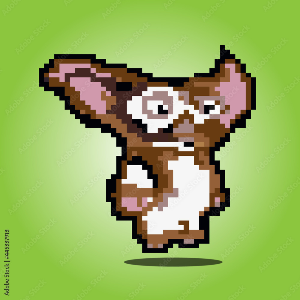 Fototapeta premium Pixel art character 90's gremlins with green background