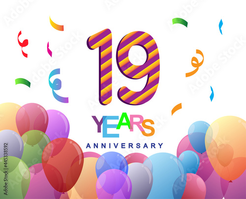 19th years anniversary celebration with colorful balloons and confetti, colorful design for greeting card birthday celebration