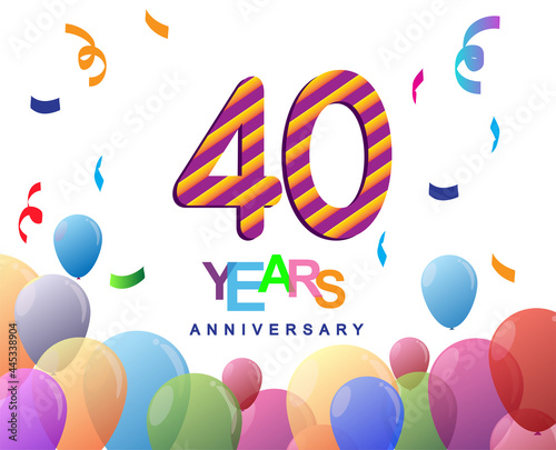 40th years anniversary celebration with colorful balloons and confetti, colorful design for greeting card birthday celebration