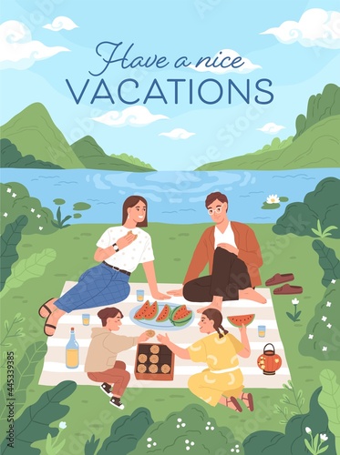 Vertical card with happy family at picnic outdoors. Parents and children eating food in nature on summer vacations. Mother, father and kids resting together outside. Colored flat vector illustration