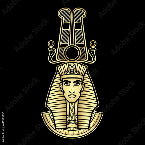 Animation portrait Egyptian man in a striped scarf and a divine crown. Gold Imitation. Vector illustration isolated on a black background. Print, poster, t-shirt, tattoo.