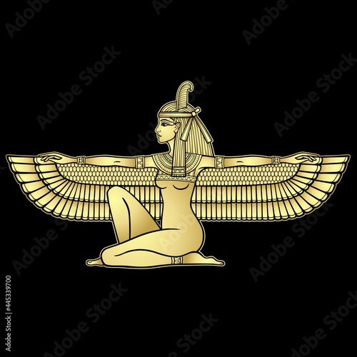 Animation color portrait: sitting goddess of justice Maat. Profile view. Gold imitation. Vector illustration isolated on a black background. Print, poster, t-shirt, tattoo. photo