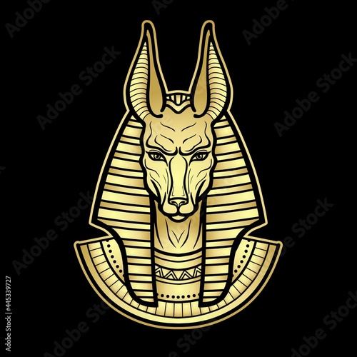 Animation portrait Ancient Egyptian god Anubis. Deity with canine head. God of death. Vector illustration isolated on a black background. Gold imitation. Print, poster, t-shirt, tattoo.