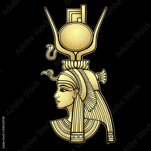 Animation portrait of beautiful Egyptian woman. Goddess Isis. Profile view. Gold imitation. Vector illustration isolated on a black background. Print, poster, t-shirt, tattoo.