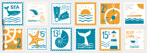 Sea post stamp set. Whale, seagulls, flippers, seascape, compass, yacht, steering wheel, starfish, shell, whale tail and lighthouse. Vector flat hand drawn illustration