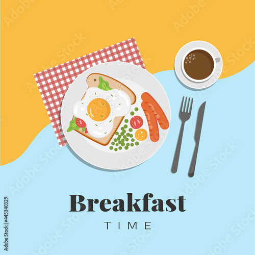 Breakfast with egg, salad, tomatoes, green peas and sausages. Healthy eating, nutrition, diet, cooking, breakfast menu, fresh food concept. Vector illustration for banner, flyer, poster, menu.