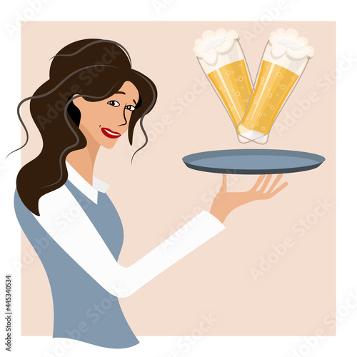 Cute showy girl holding a subnoss with 2 glasses of beer. The waitress serves the beer with a playful smile. Oktoberfest day. Vector for advertising, menus of restaurants, bars. Cartoon style.