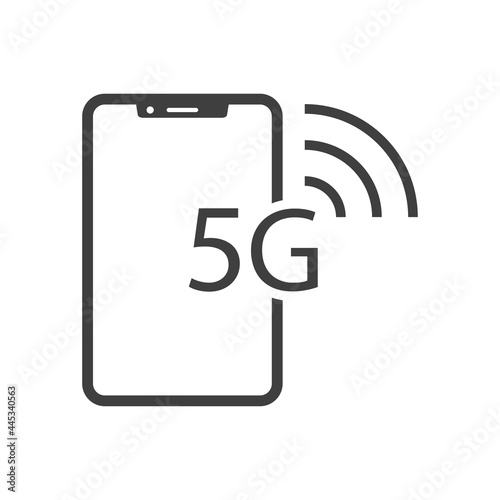 Icono smartphone con texto 5G con olas con lineas en color gris