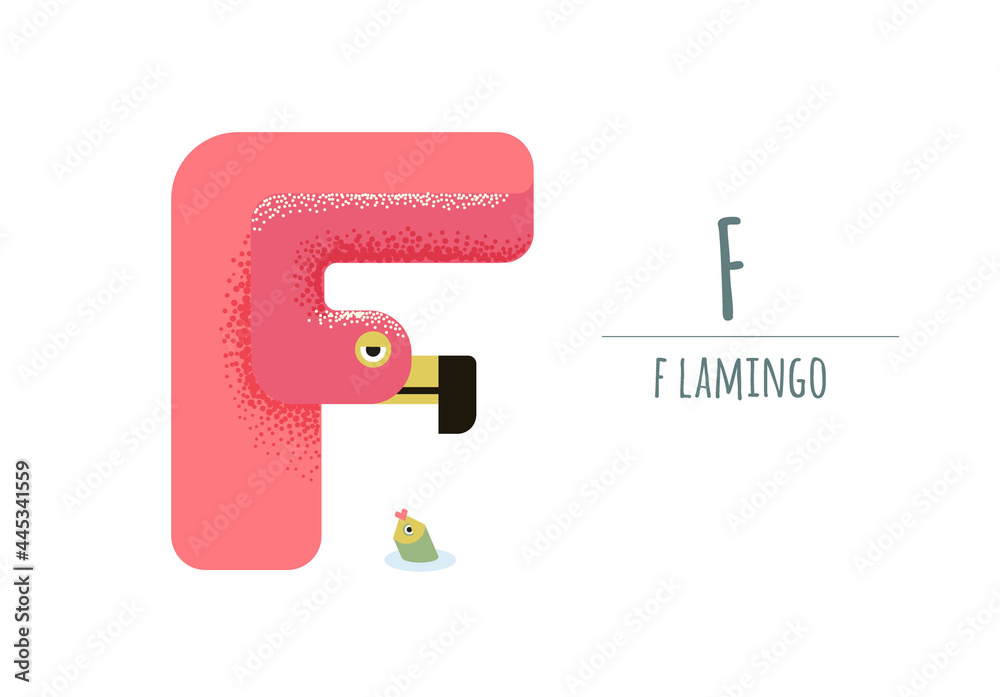 Fototapeta premium cute pink flamingo in the form of F and a small fish . children's alphabet. poster, postcard.