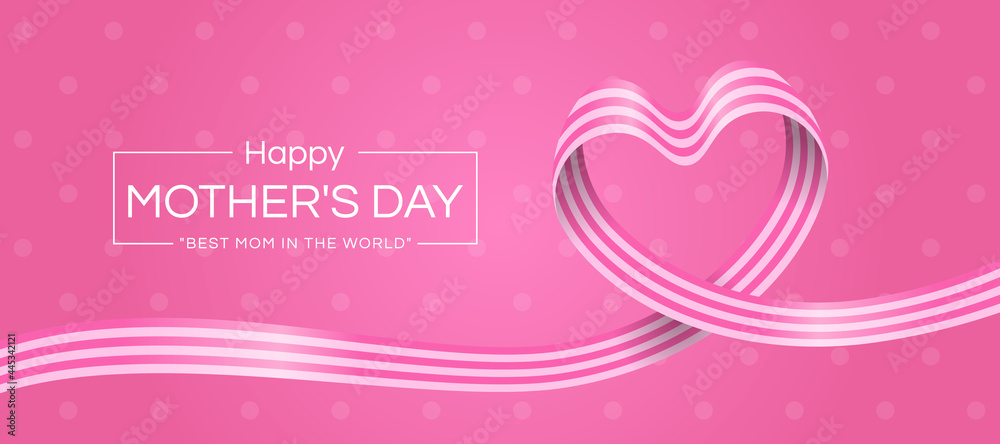 happy mother's day text and pink white Alternating Stripe ribbon roll wave make heart shape on dot pink texture background vector design