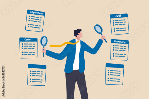 Job seeking, search for new career and opportunity, looking for employment and job vacancy concept, smart businessman using magnifying glass in both hands searching for new hiring career. photo