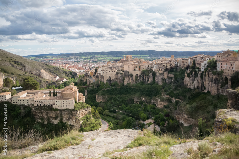 Amazing full view at the Cuenca Hanging Houses, Casas Colgadas, iconic architecture on Cuenca city