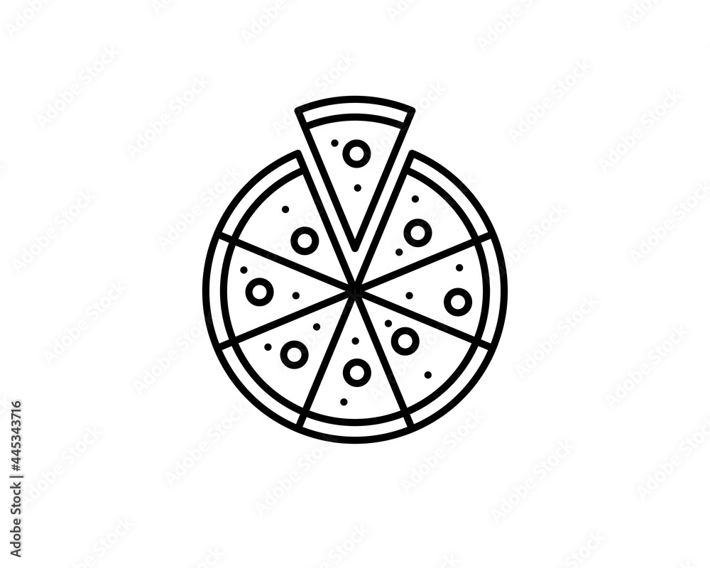 Pizza with one slice separated linear icon. Thin line illustration. Contour symbol. Vector isolated outline drawing. Editable stroke