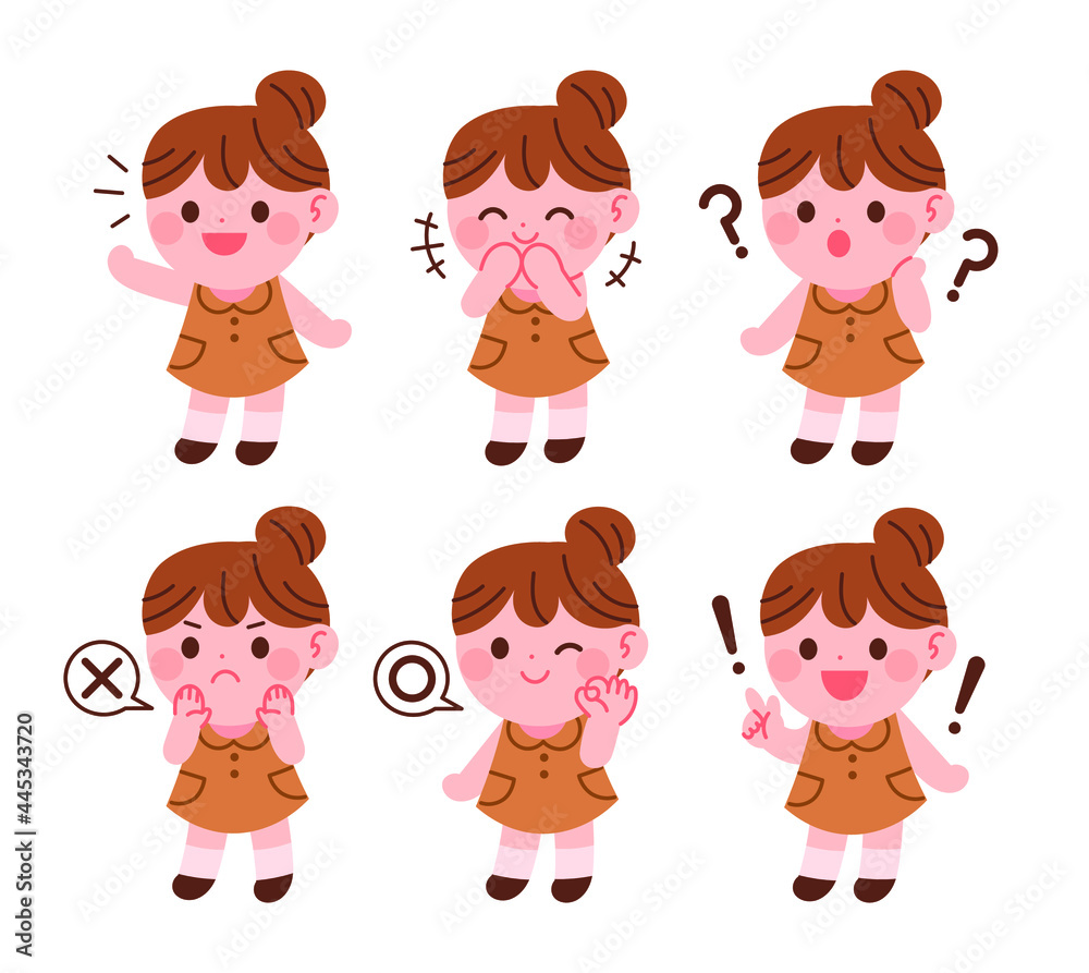 A girl expresses various emotions. Greetings, laughter, wonder, surprise, ok, no. Kindergarten girl character collection vector illustration. A girl expresses various emotions. Greetings, laughter, wonder, surprise, ok, no. Kindergarten girl character collection vector illustration.