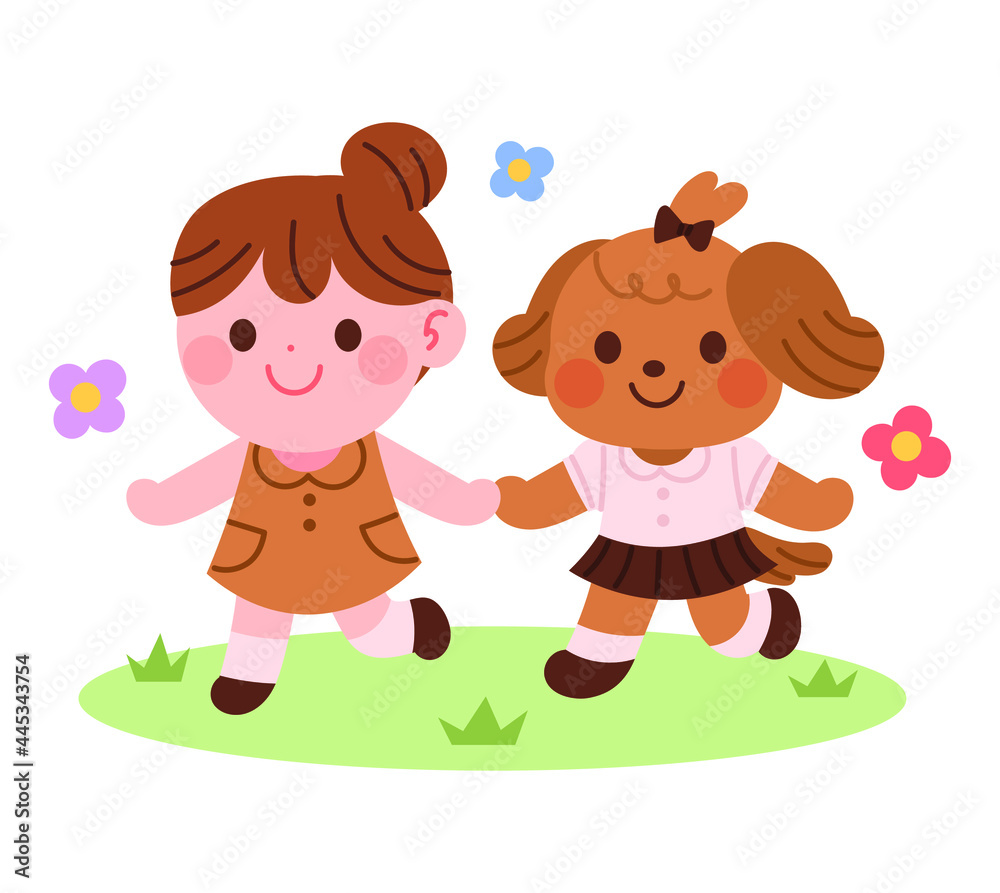 Puppy and the girl are holding hands and walking on the lawn. Cute kindergarten character vector illustration.
