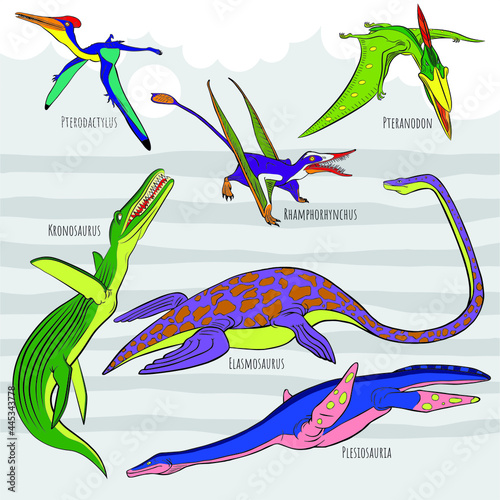 Icons of prehistoric reptile monsters. Outline of Pterodactylus, Pteranodon and Rhamphorhynchus, Elasmosaurus and Plesiosauriar, Kronosaurus