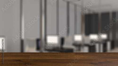 Background with empty table. Flooring. Modern office building interior. 3D rendering.