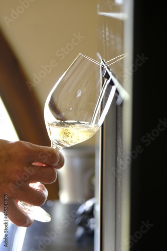 Professional white wine dispenser in a cellar held by a sommelier