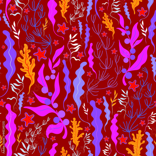 various algae of yellow, lilac, pink colors, starfish on a dark red background. seamless pattern.