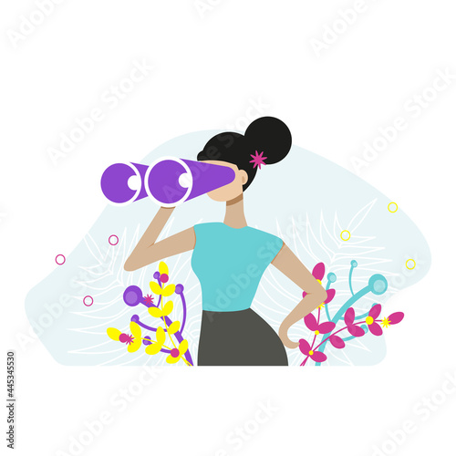 Woman holding huge binocular and looking far ahead. Vector illustration for observation, discovery, future concept. Flat vector illustration.
