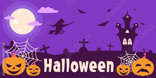 Banner for Halloween with a bright purple background. Vector flat illustration. The moon with clouds  a witch and bats in the sky  a cemetery with a castle  evil pumpkins with cobwebs
