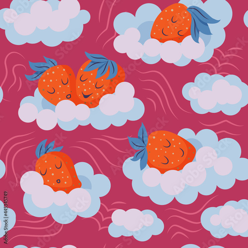 cute strawberry sleeping on the clouds. seamless pattern. strawberries with whipped cream.