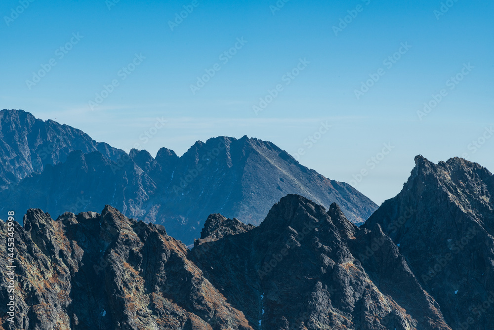 Gerlachovsky stit, Koncista and Satan mountain peaks from Furkotsky stit mountain peak in Vysoke Tatry mountains in Slovakia