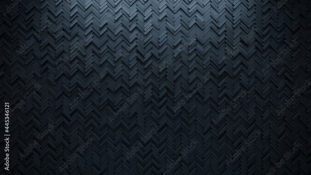 Black, Polished Mosaic Tiles arranged in the shape of a wall. 3D, Herringbone, Bricks stacked to create a Semigloss block background. 3D Render Black, Polished Mosaic Tiles arranged in the shape of a wall. 3D, Herringbone, Bricks stacked to create a Semigloss block background. 3D Render