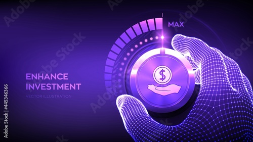 Investing and finance growth business concept. Strategy and return on investment. Wireframe hand setting invest knob button on highest position. Increasing profit income strategy. Vector illustration.