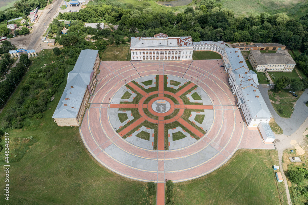 Aerial summer view of Tulchin palace ansamble  located in Tulchin town, Podillya, Vinnytsa region, Ukraine,2021.
