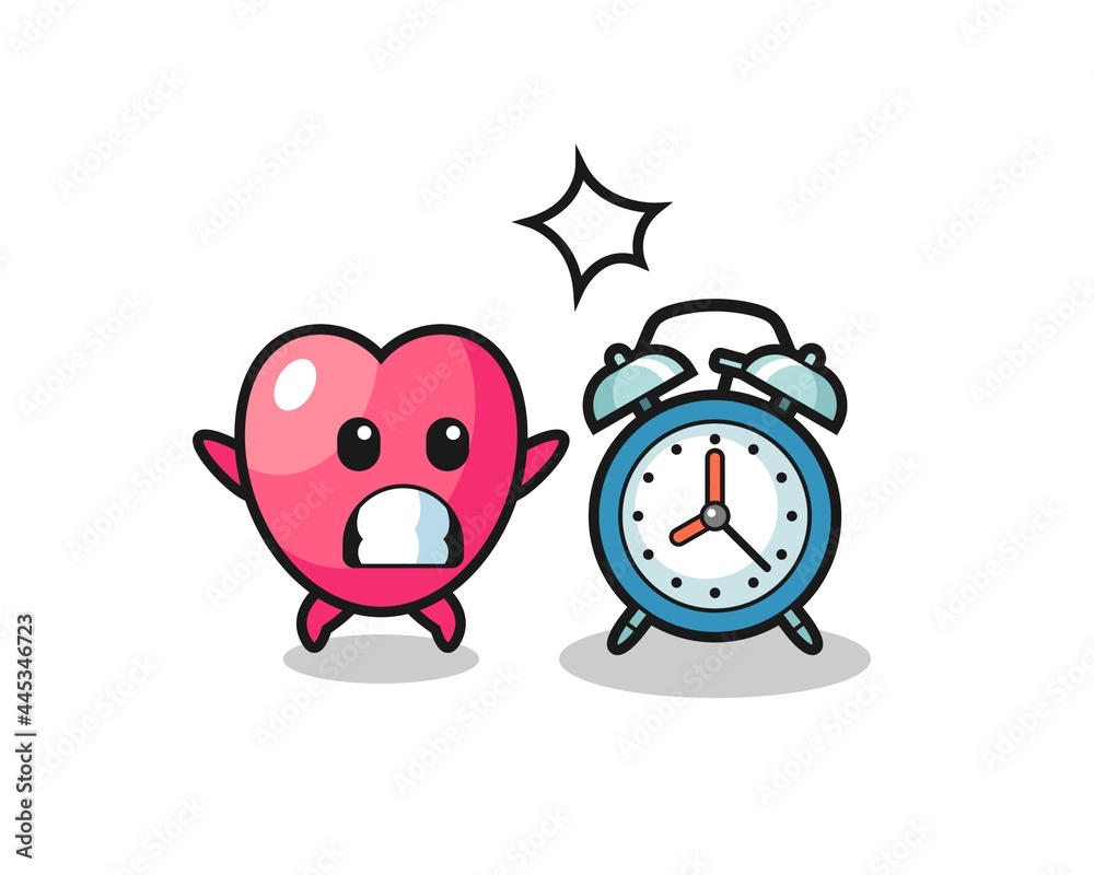 Cartoon Illustration of heart symbol is surprised with a giant alarm clock Cartoon Illustration of heart symbol is surprised with a giant alarm clock