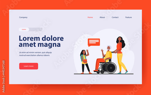 Senior man in wheelchair meeting with granddaughter. Girl visiting grandpa flat vector illustration. Family, generation concept for banner, website design or landing web page