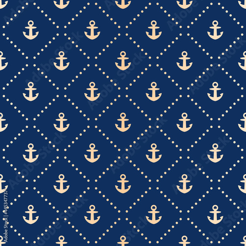 Seamless vector pattern with golden dots and anchors on blue background. Summer nautical print