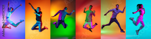 Portrait of group of people jumping isolated on multicolored background in neon light, collage.