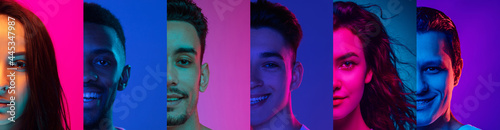 Cropped portraits of group of people on multicolored background in neon light, collage.