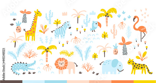 Tropical jungle set with wild animals and palms in a simple hand-drawn Scandinavian doodle style. Nurseri pastel palette is ideal for printing baby clothes, textiles, fabrics. Vector isolate.