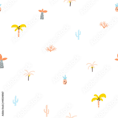 Tropical jungle seamless pattern. Palm trees and plants in a simple hand-drawn Scandinavian doodle style. Nursery pastel palette for printing baby clothes  textiles fabrics. Vector cartoon background