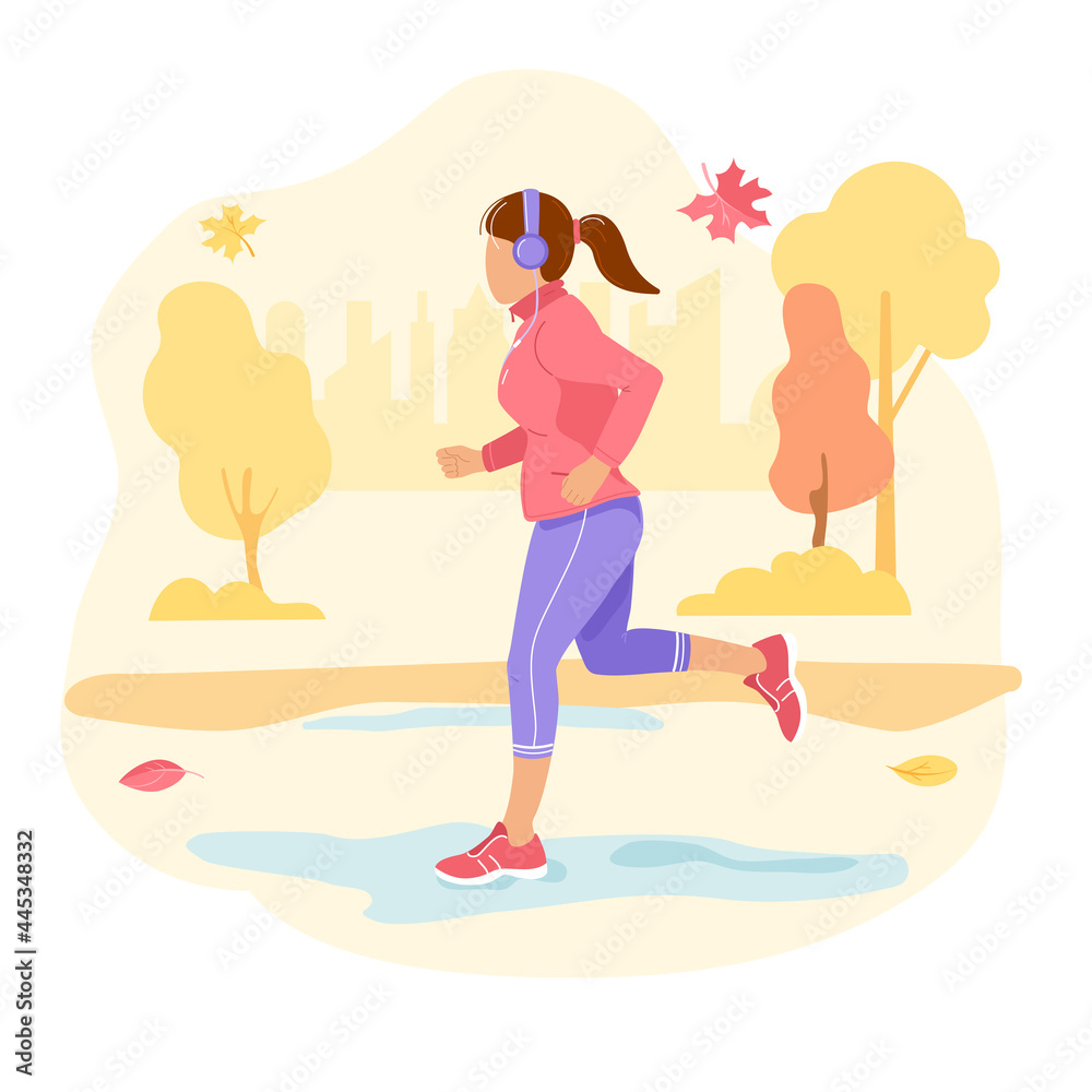Running. A girl with headphones on a jog. Health class in the fall. Vector illustration, isolated.