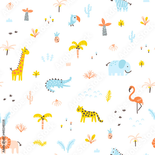 Tropical jungle seamless pattern. Animals and palms. Simple hand-drawn Scandinavian doodle style. Nursery pastel palette is ideal for printing baby clothes textiles fabrics. Vector cartoon background.