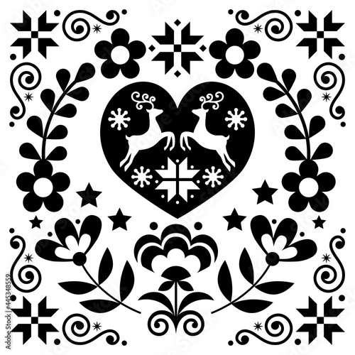 Christmas Scandinavian vector greeting card pattern in black and white - folk art style with reindeer, Xmas trees and flowers
