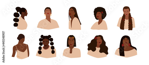 Set of portraits of faceless women. Collection of abstract dark-skinned girls with different hairstyles. Trendy minimal vector illustration isolated on white background