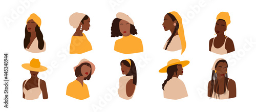 Set of portraits of faceless women in different hat. Collection of abstract girls. Trendy minimal vector illustration isolated on white background