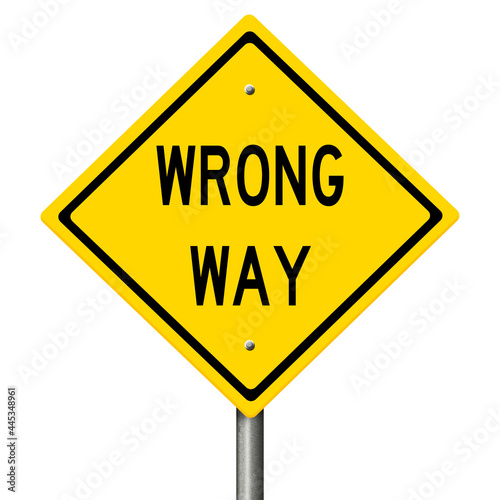Rendering of a yellow WRONG WAY highway sign.
