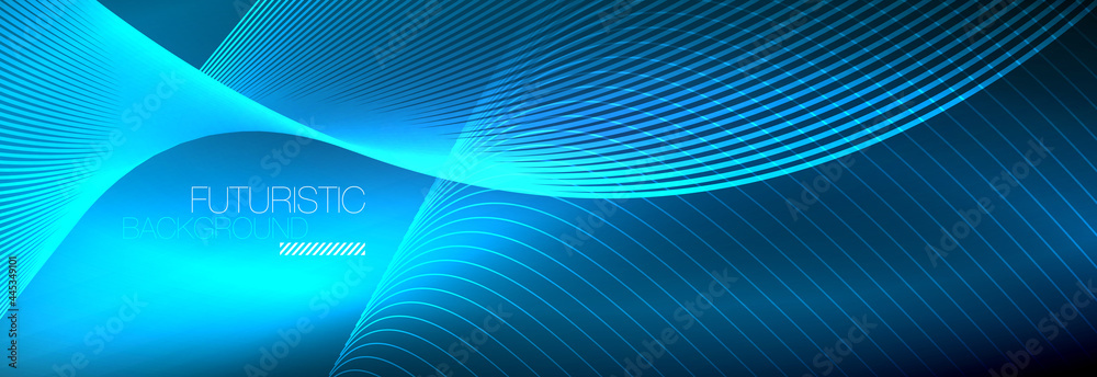 Abstract neon glowing light in the dark with waves. Shiny magic energy and motion concept, vector abstract wallpaper background Abstract neon glowing light in the dark with waves. Shiny magic energy and motion concept, vector abstract wallpaper background