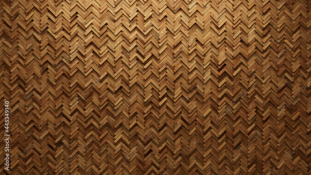 Wood, Soft sheen Mosaic Tiles arranged in the shape of a wall. 3D, Timber, Blocks stacked to create a Herringbone block background. 3D Render Wood, Soft sheen Mosaic Tiles arranged in the shape of a wall. 3D, Timber, Blocks stacked to create a Herringbone block background. 3D Render