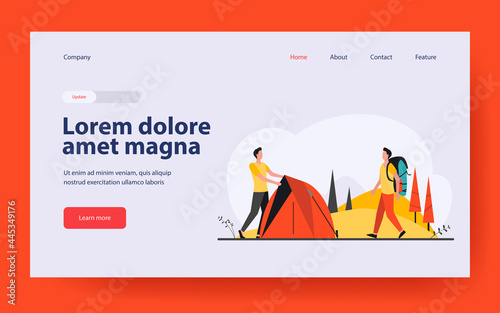 Two tourists pitching tent on meadow. Forest, nature. Flat vector illustration. Camping concept can be used for presentations, banner, website design, landing web page