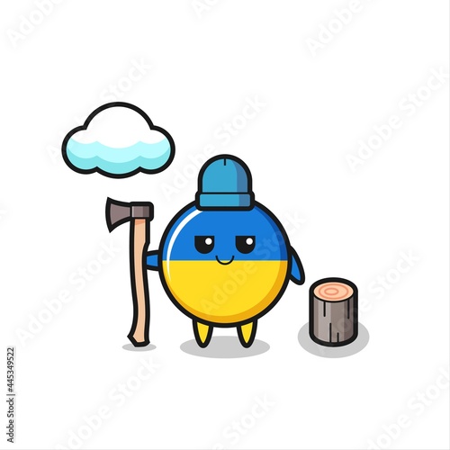 Character cartoon of ukraine flag badge as a woodcutter