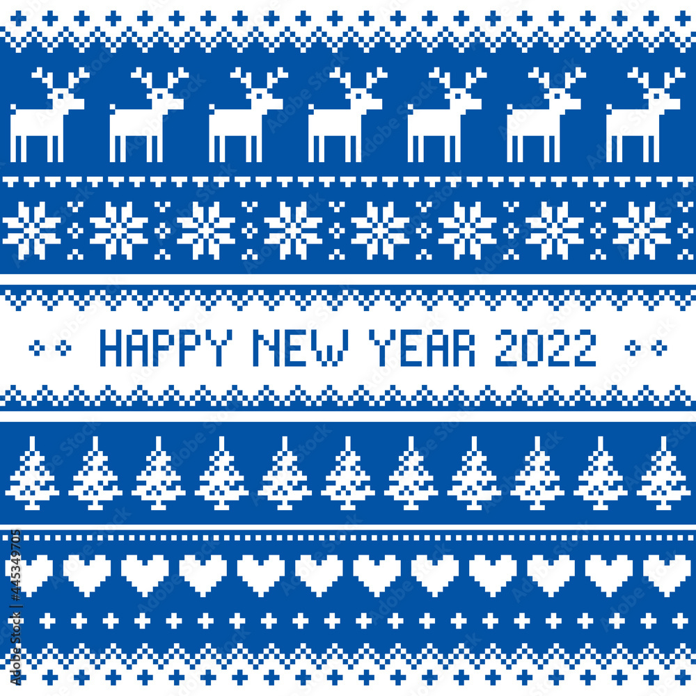 Happy New Year 2022 - Scandinavian vector seamless cross-stitch pattern or greeting card design with redindeer and snowflakes Happy New Year 2022 - Scandinavian vector seamless cross-stitch pattern or greeting card design with redindeer and snowflakes