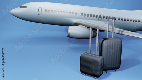 Airplane travel concept. Suitcases and a plane on blue background. 3d illustration.